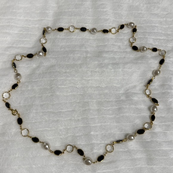 The Unbranded Brand Jewelry - Vintage Faux Pearl Black & Clear Crystal Station Necklace Gold Tone Long Necklac